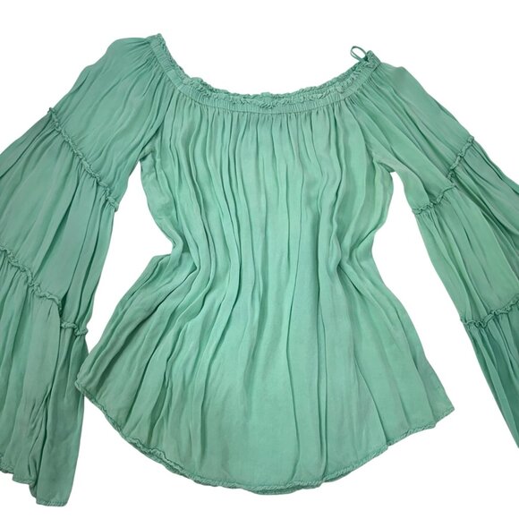 Umgee Womens Mint Green Off-Shoulder Boho Top Blouse Tiered Bell Sleeves Size M - Picture 2 of 12